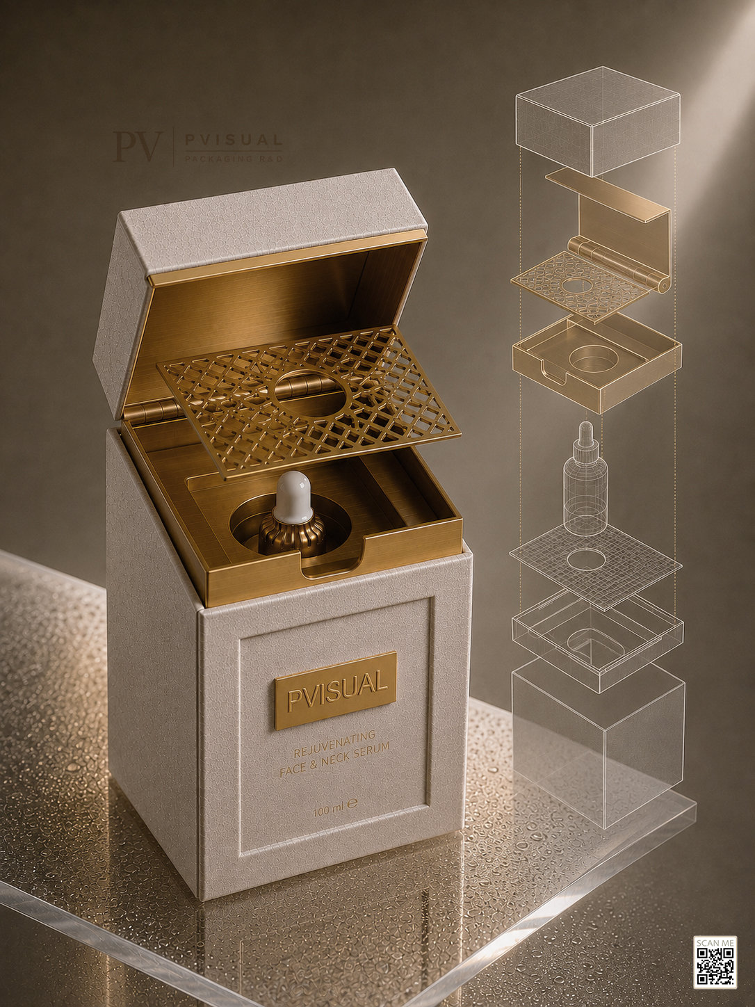 طراحی و مهندسی تخصصی بستهبندی لوکس سرم صورت توسط پیویژوال (PVISUAL) - نمایش اجزا و ساختار سه بعدی باکس اختصاصی