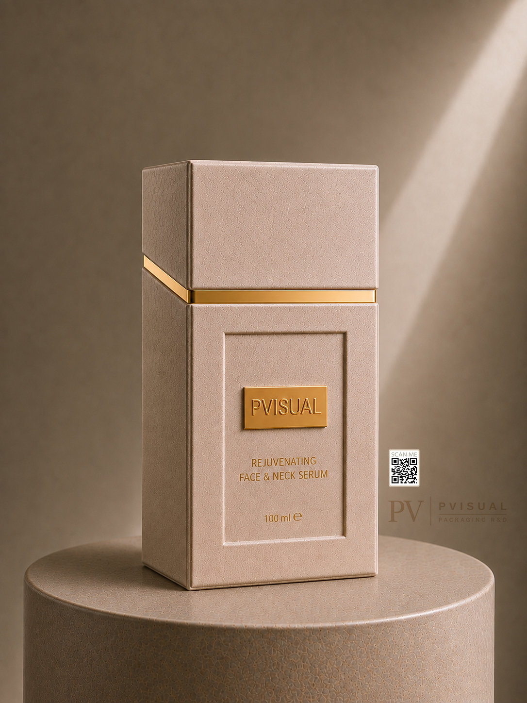 طراحی تخصصی و ساخت جعبه لوکس سرم صورت و گردن PVISUAL - استودیو تحقیق و توسعه بستهبندی (Packaging R&D)