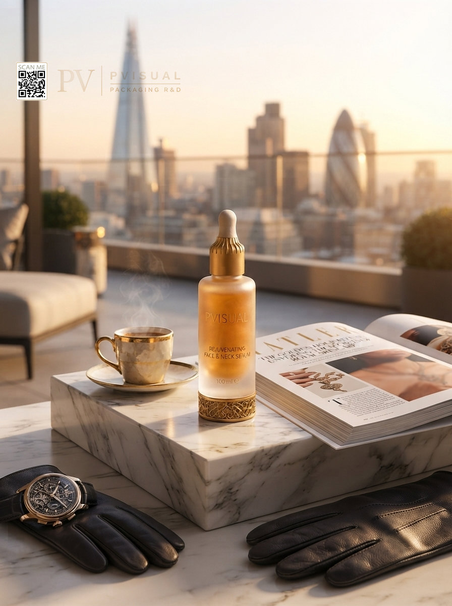 طراحی اختصاصی و هویت بصری لوکس سرم صورت PVISUAL در فضای لاکچری و مدرن شهری - استودیو تحقیق و توسعه بستهبندی (Packaging R&D)